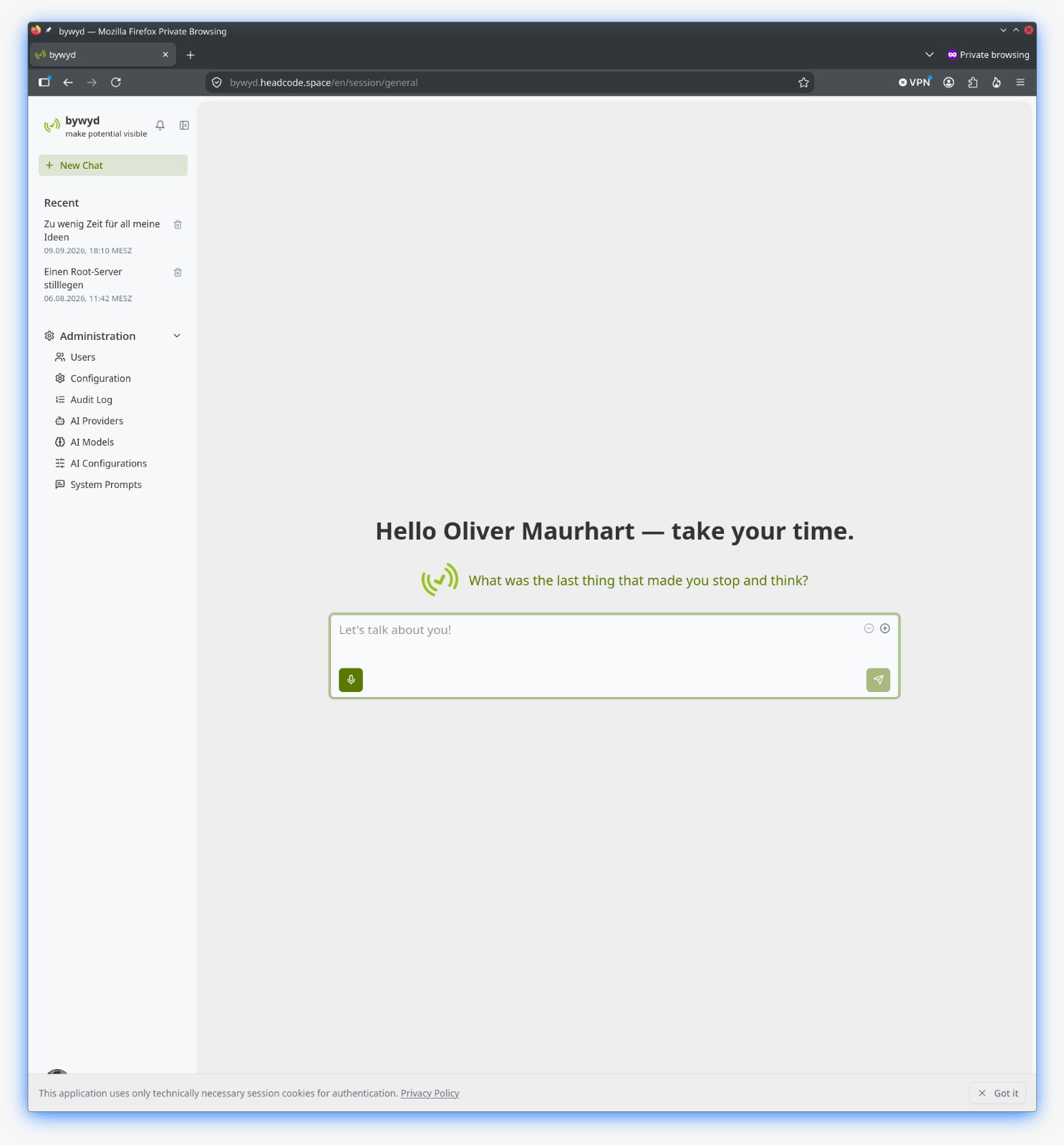 Startseite eines neuen Chats mit Eingabefeld und Administrationsmenü, englische Oberfläche